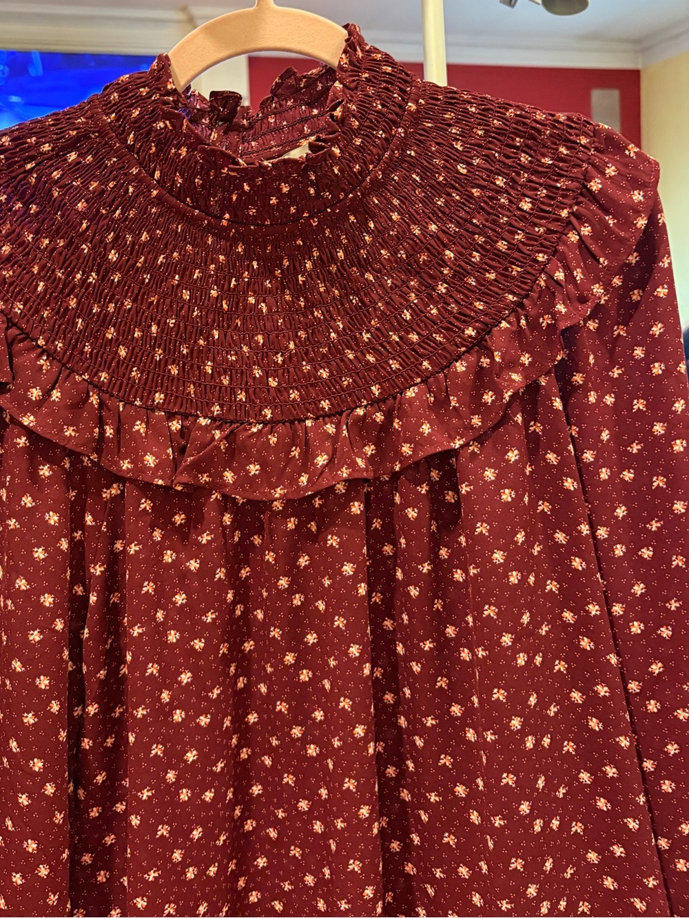 Loft Monarch ruffle smoked yoke blouse in a burgundy ditsy floral print size med